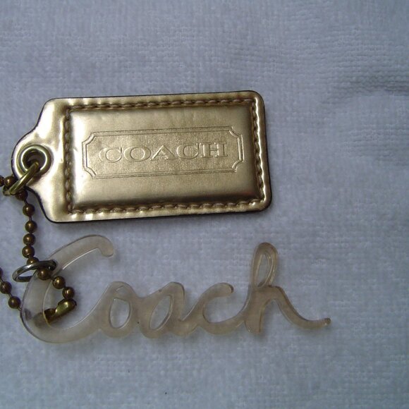 AUTHENTIC COACH GOLD METALLIC LEATHER AND GOLD COACH ACRYLIC HANG TAGS    VGC - Picture 1 of 7